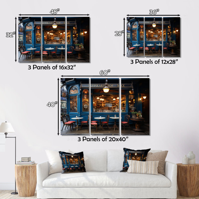 «France Parisian Cafe Blues on Canvas», reproduction de 3 pièces, H 28 po x l 36 po x P 1 po