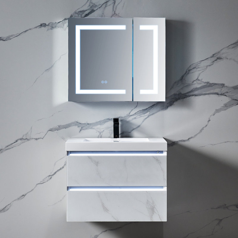 Armoire à pharmacie avec lumières DEL Rigel | Armoire de salle de bain encastrée ou à surface | Désembueur intégré One Touch | Gradateur | Miroir de maquillage | 2 tablettes réglables en verre