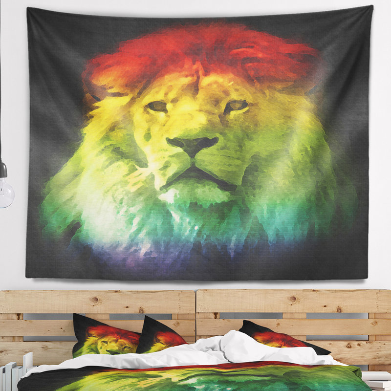 Tapisserie colorée de tête de lion Animal, H 50 po x l 60 po