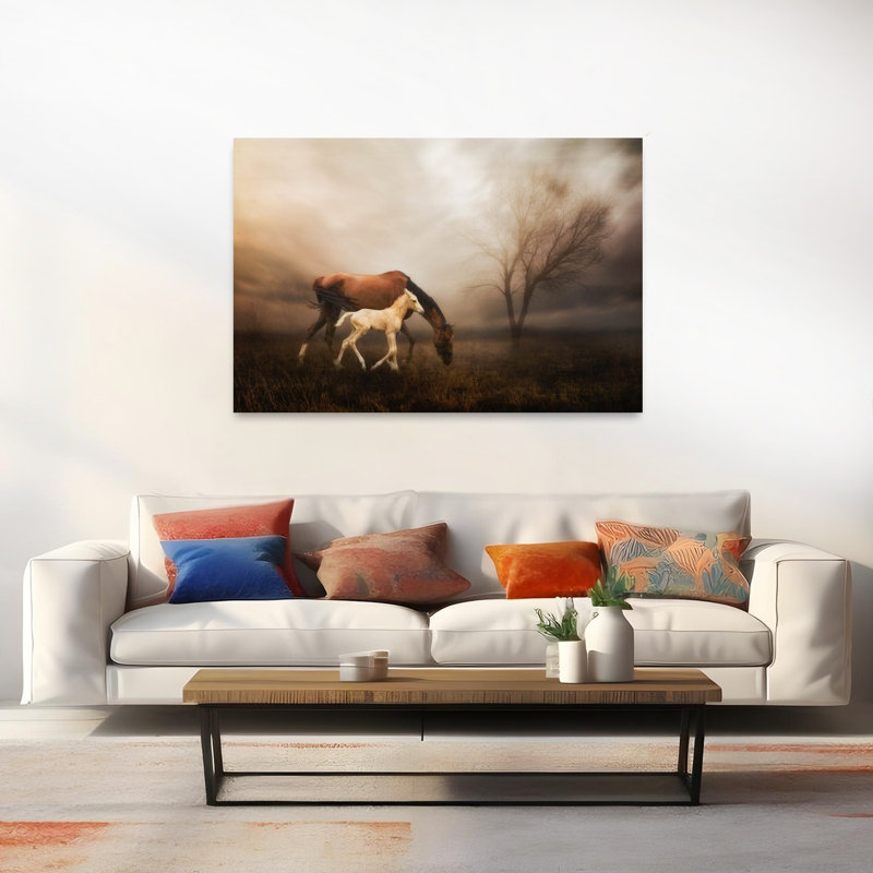 Dreamy Mare And Foal Dramatic Dreamy Ethereal Horse Landscape Nature Wall Art Print 1 Piece Wrapped Canvas Wall Art