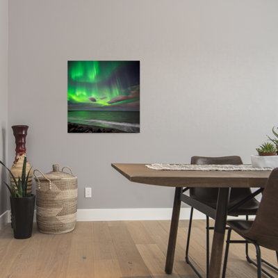 Northern Lights Over The Waves Breakiing On The Beach In Seltjarnarnes Reykjavik Iceland Dramatic Peaceful Tranquil Landscape Nature Art