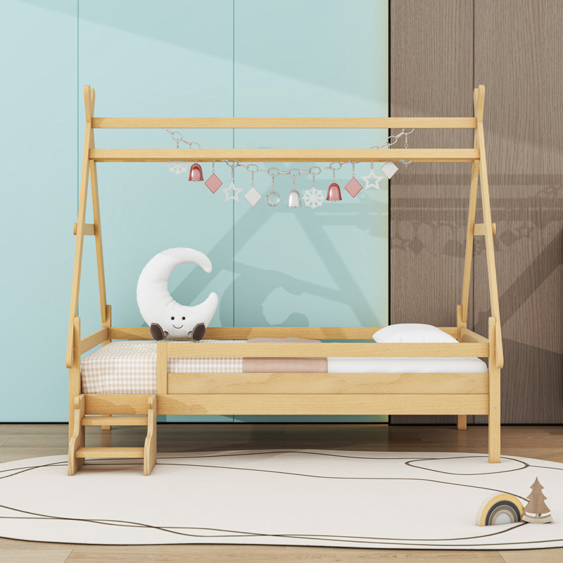 Wood Low Profile House Platform Bed, Natural, Twin