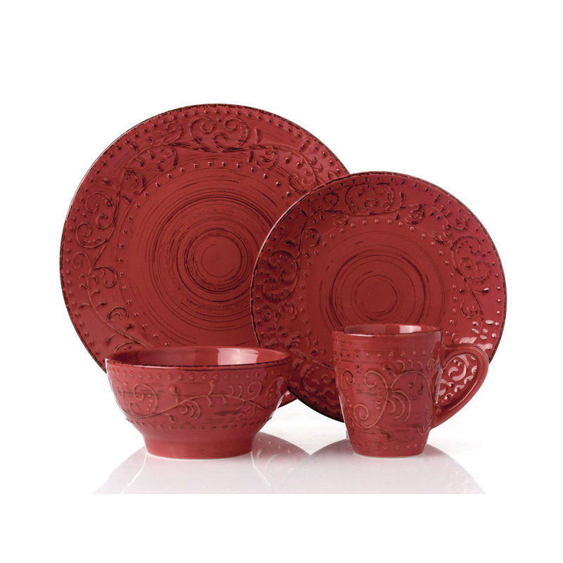 16 Piece Stoneware Dinnerware Set - Service for 4, Red Crimson