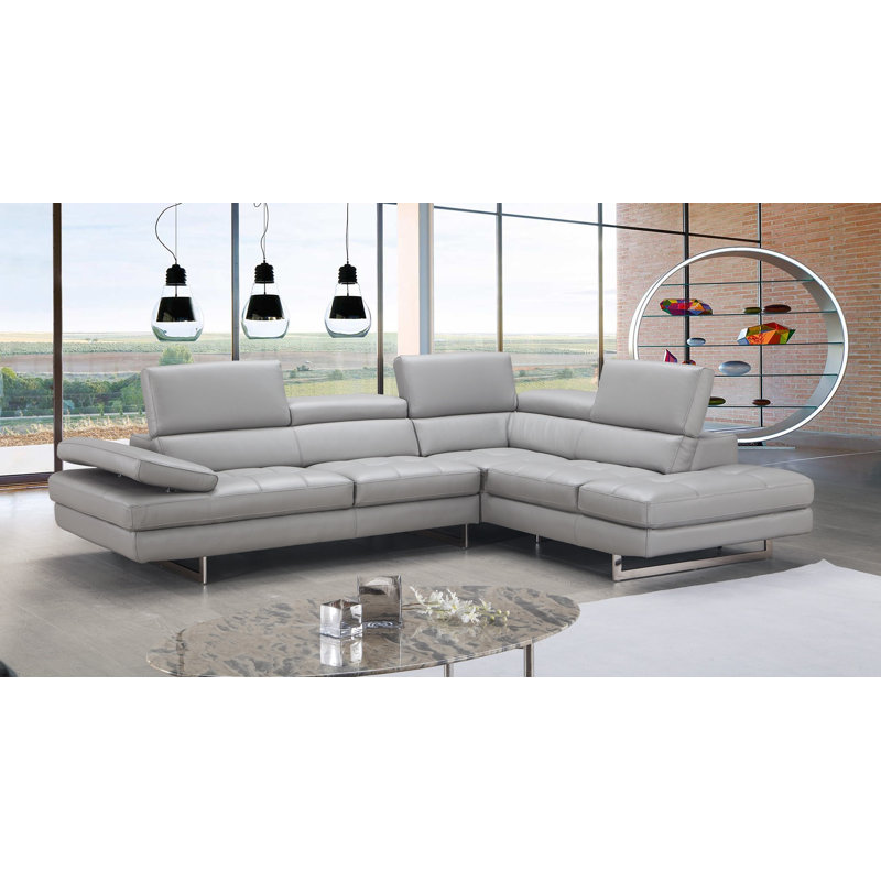 Canapé modulaire en cuir véritable de 114 po de largeur Grado, Orienté à droite (vu de face), Gris clair