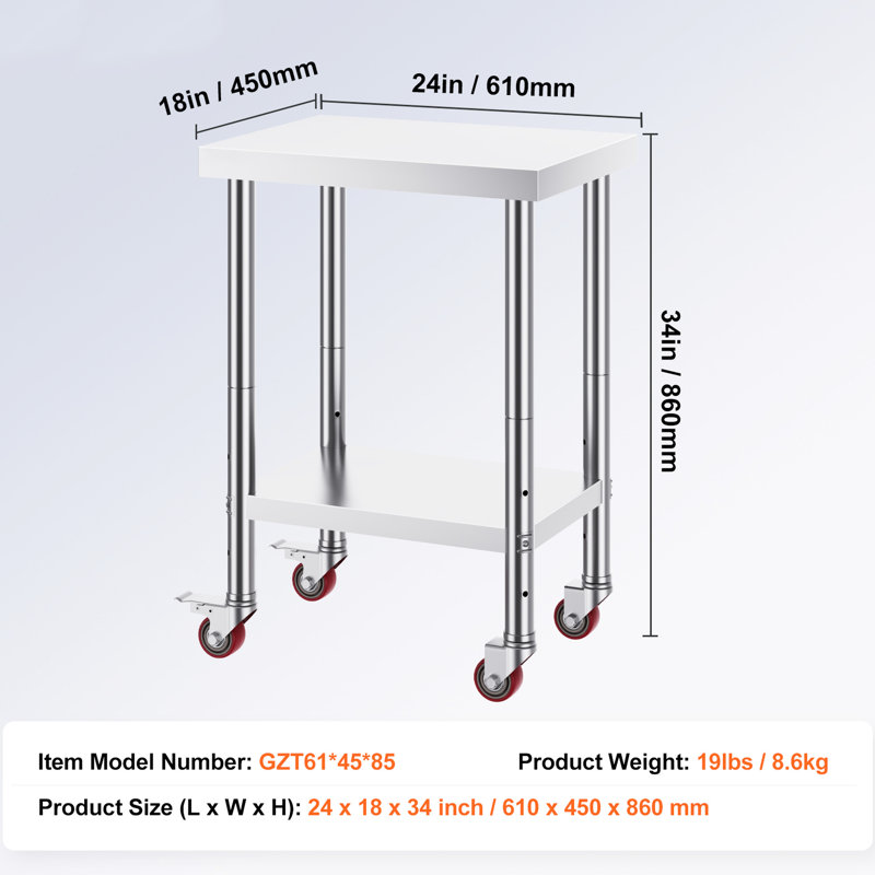 Table de travail 24 po x 18 po x 34 po en acier inoxydable avec tablette réglable à 3 niveaux, 4 roues et frein pour barre de rangement de cuisine