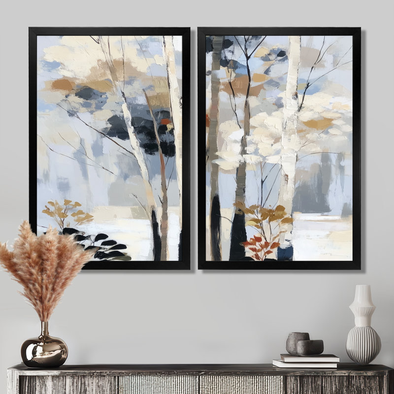 «White and Black Birch Trees Forest Panorama - Birch Wall Decor, White Nature», art mural encadré 2 pièces, H 36 po x l 48 po