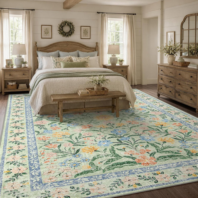 Tapis lavables à motifs floraux, style bohème, grands tapis antidérapants pour chambre à coucher, envers en caoutchouc doux.