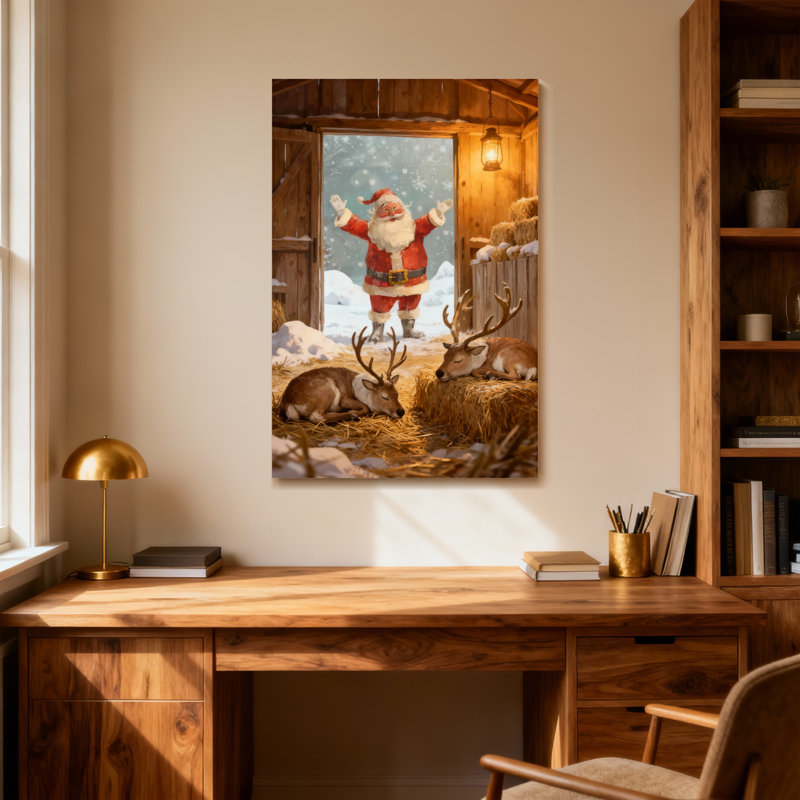 Noël, père Noël, renne, grange, scène hivernale, H 40 po x l 28 po