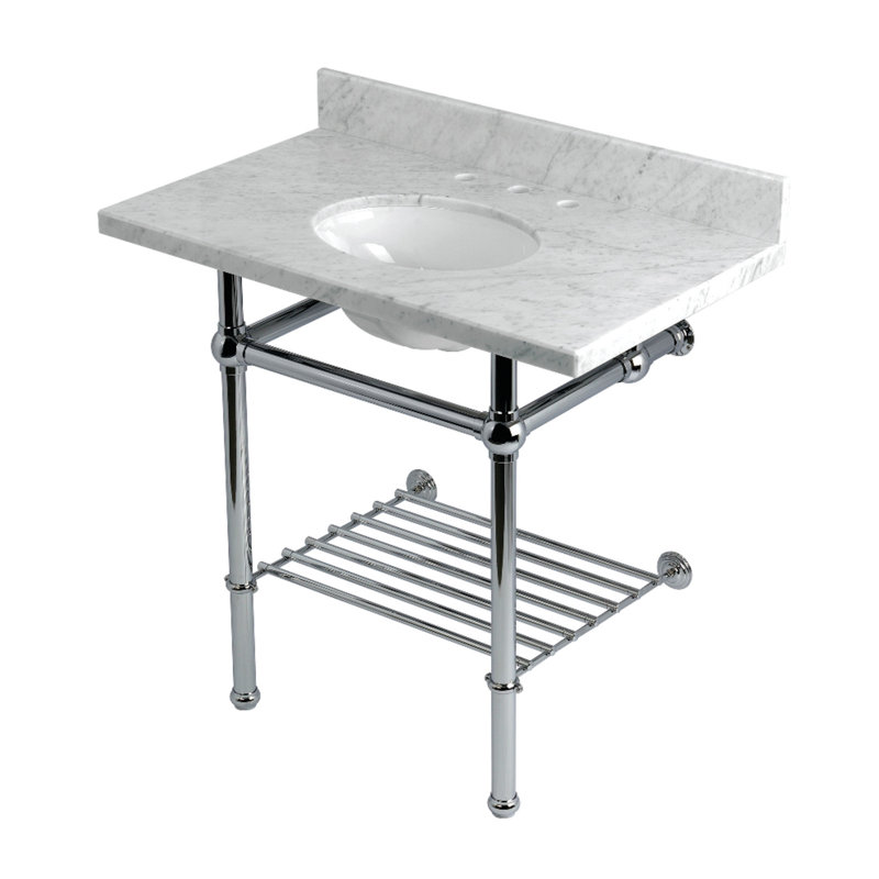 Lavabo console 36 "avec pieds en laiton Kingston Templeton (8 pouces, 3 trous), Marbre de Carrare / chrome poli