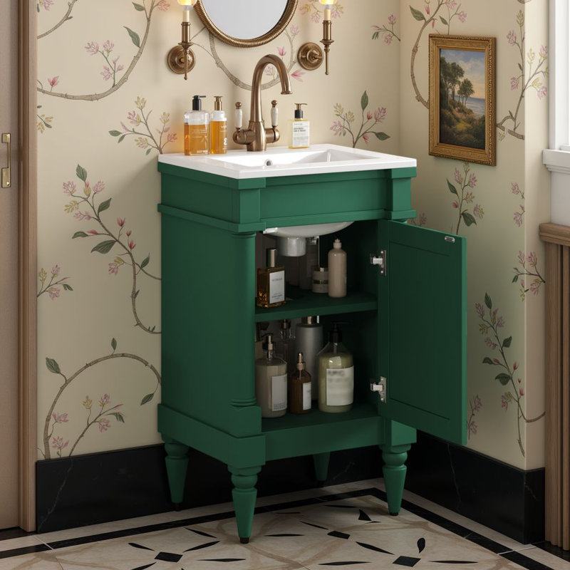 18-Inch Modern Freestanding Small Bathroom Vanity With Ceramic Sink, Storage Cabinet With Adjustable Shelf, Green