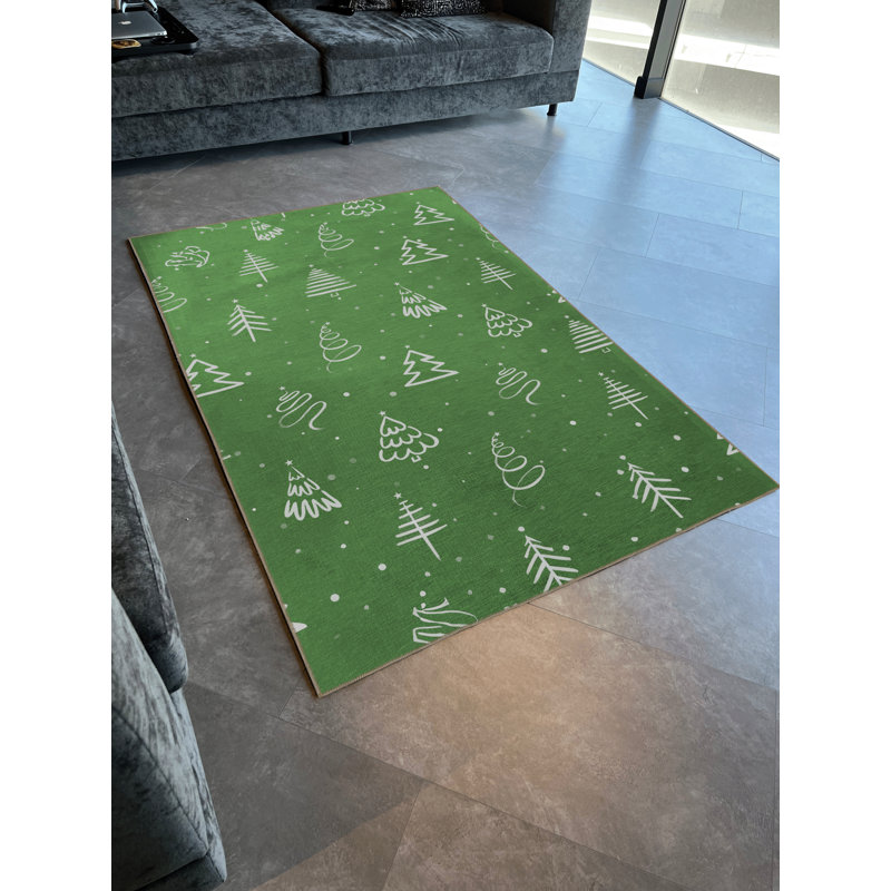 Green Christmas-Themed Mixed Tree and Ornament Patterned Creative Modern Decorative Rug, Runner 3'3.37" x 9'10.11"