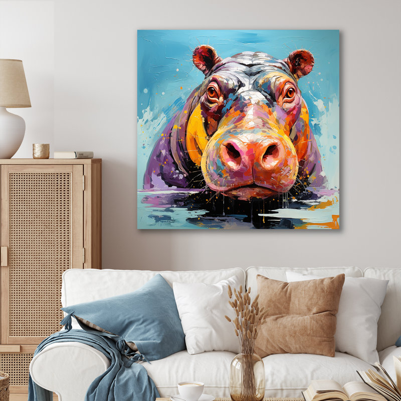«Blue Colorful Hippo Harmony - Hippopotamus», reproduction d'art sur toile encadrée, Toile tendue, H 16 po x l 16 po x P 1 po