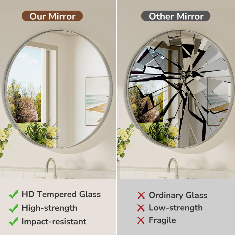 Valancia Round Bathroom Mirror with Aluminum Frame, Tempered Glass, Silver, 24" x 24"