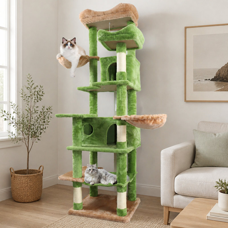 Arbre à chat multiniveaux de 173 cm de hauteur avec hamacs, panier suspendu, grotte pour chat, coussin amovible et poteaux à griffer - Tour moelleuse pour chats d'intérieur, idéale pour plusieurs chats