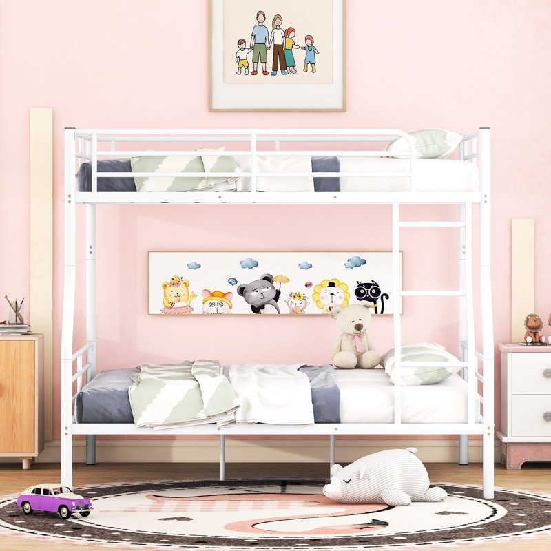 Lit superposé double au-dessus de grand lit double en métal, blanc et facile à assembler pour la chambre des jeunes adolescents