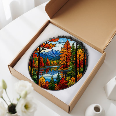 7.8"H Autumn Landscape Stained Glass Window Panel