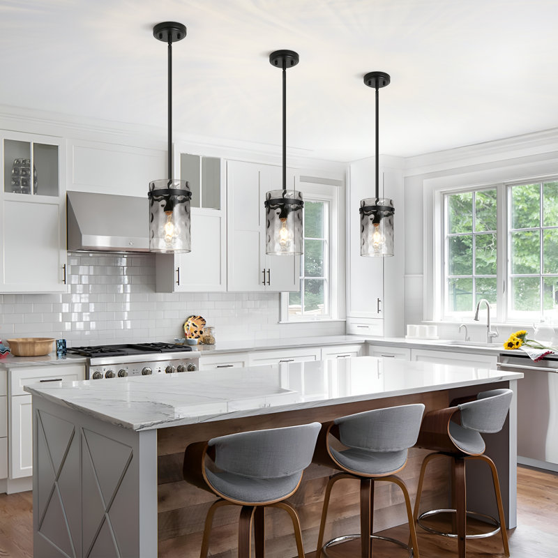 Levona 1-Light Kitchen Island Pendant, Hand-Blown Gradient Grey Water Glass, Height Adjustable, Gradient Gray, Matte Black