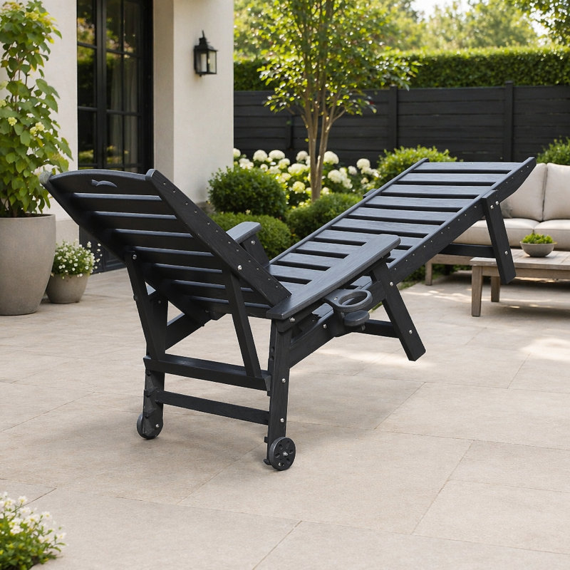 Chaise longue en PEHD avec dossier réglable à 4 positions, support robuste et conception résistante aux intempéries pour une détente en plein air