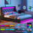 Bed Frame with LED Lights,Upholstered Wingback Storage Bed with Built-in Outlets & 4 Drawers-966201852-966201854