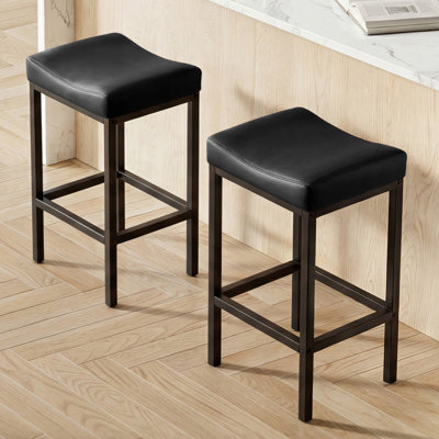 Counter Height Bar Stools Set of 2, 25.5 Inch Bar Stools for Kitchen Counter, Faux Leather Bar Stool, Black