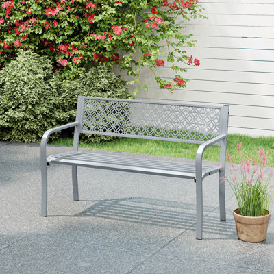 50" Outdoor Garden Bench With Geometric Lattice Backrest Armrests And Slatted Seat Gray by Winston Porter