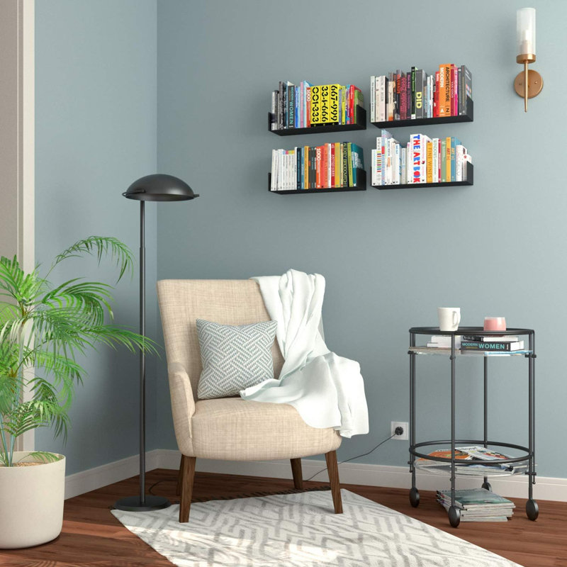 Black Floating Wall Shelves Set Of 4, Metal CD & DVD Storage Shelves