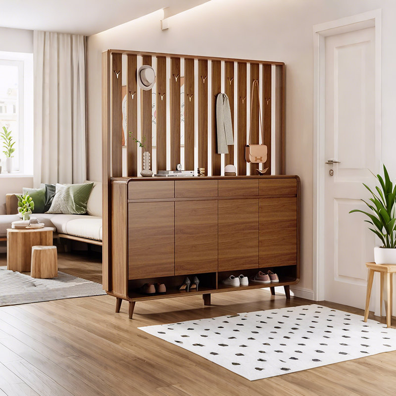 Modern Minimalist Style Walnut Color Solid Wood Multi-Functional Shoe Cabinet With Hanger Design