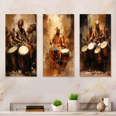 Traditional African Drum Drama - Music Canvas Wall Art Set Of 4