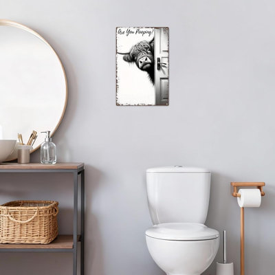 «Vintage Highland Cow Are You Pooping sign», art mural drôle de salle de bain avec citation, décor de ferme campagnarde, plaque en métal rustique pour salle de bain, toilettes, bar, 8 x 12 po