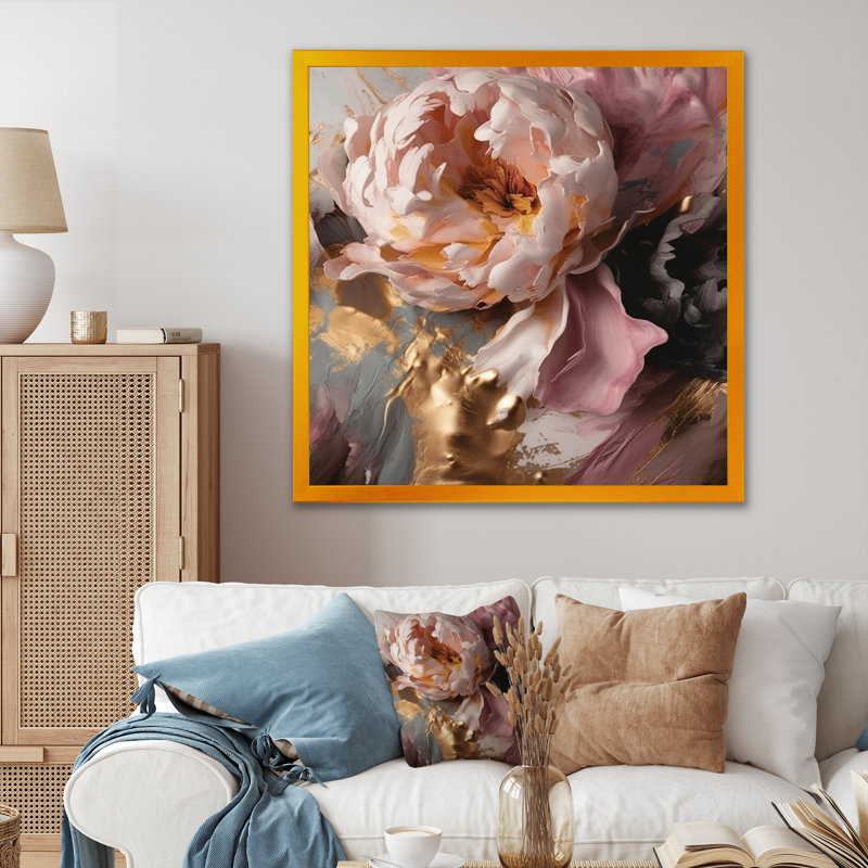 Marbre rose doré pivoine fleur I - impression, H 16 po x l 16 po x P 1 po, Encadrement doré