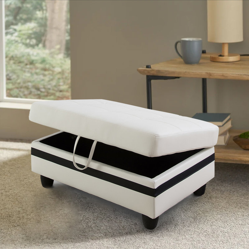 Faux Leather Upholstered Storage Bench, White/Black