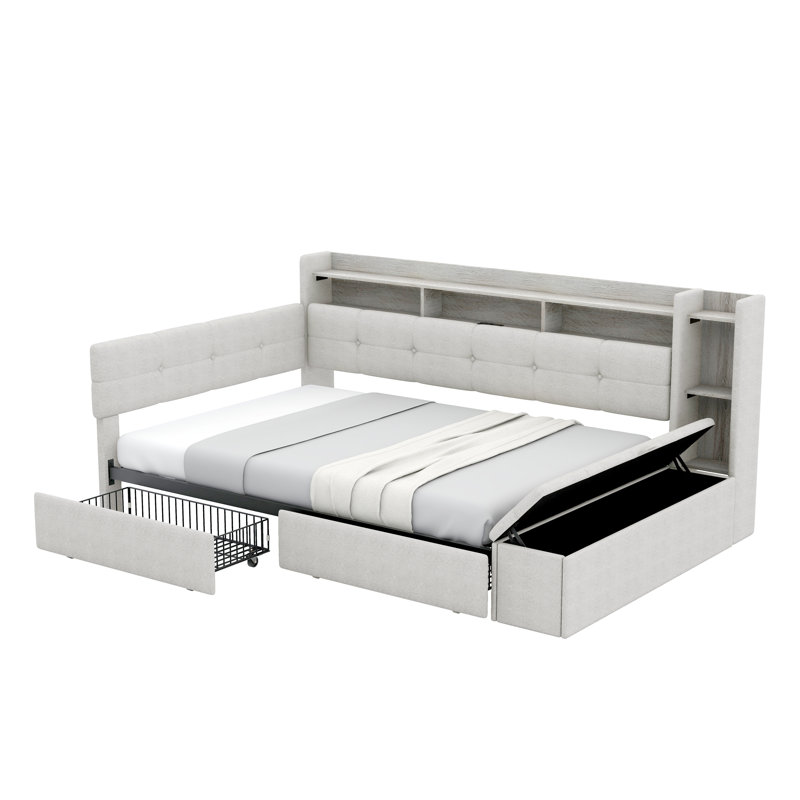 Lit de jour double rembourré avec repose-pieds et tablettes, avec deux tiroirs, chargement USB et lumière DEL, beige