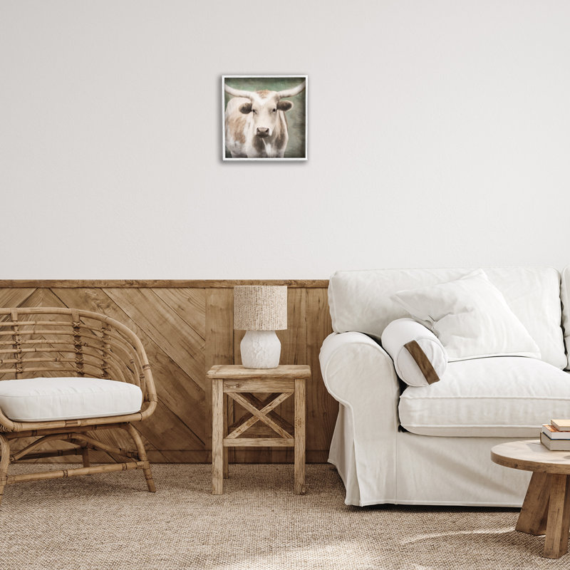 White Framed Rustic Longhorn Cattle Giclee Art Print, 12 x 12
