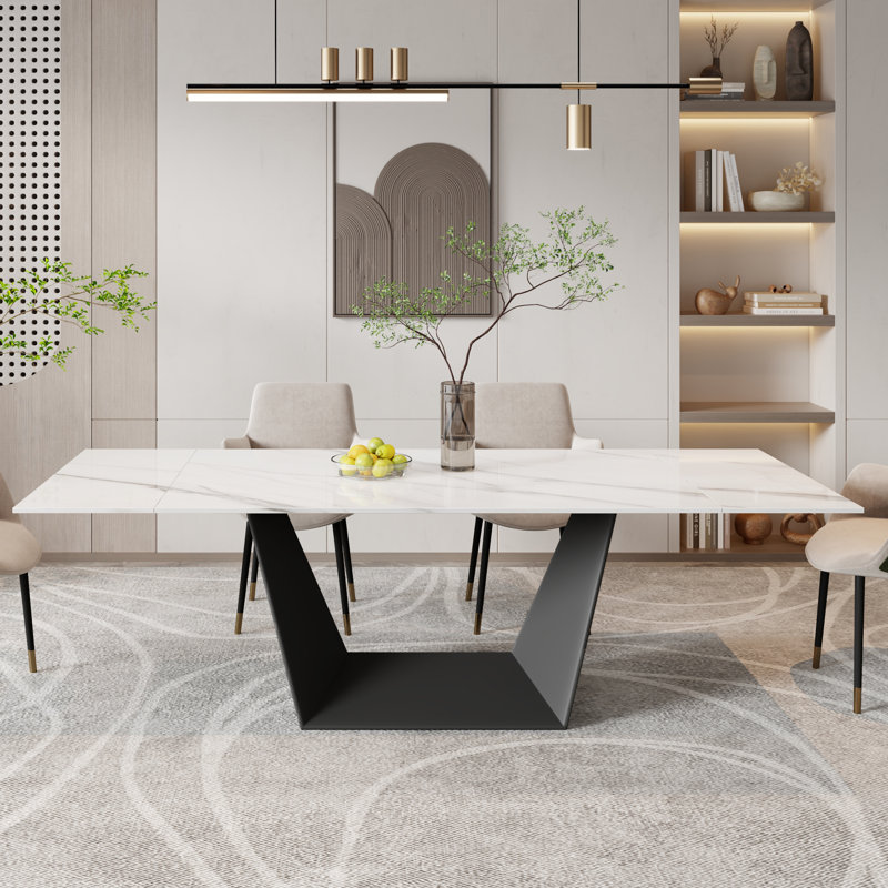 63"-95"Extendable Dining Table For 6-10,White Glossy Sintered Stone Tabletop, Modern Kitchen Table with black Steel Legs
