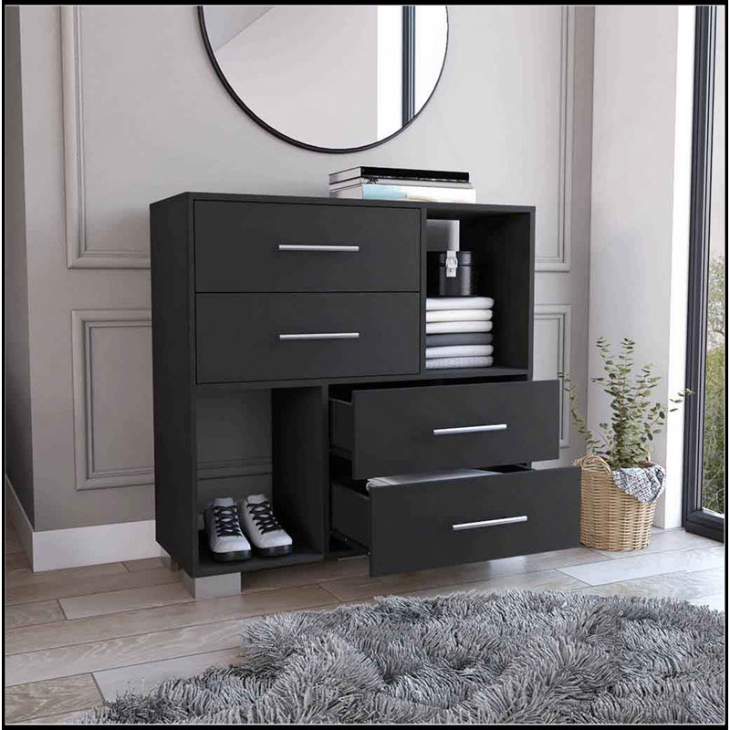 Commode Krista, deux tablettes ouvertes, quatre tiroirs - noir