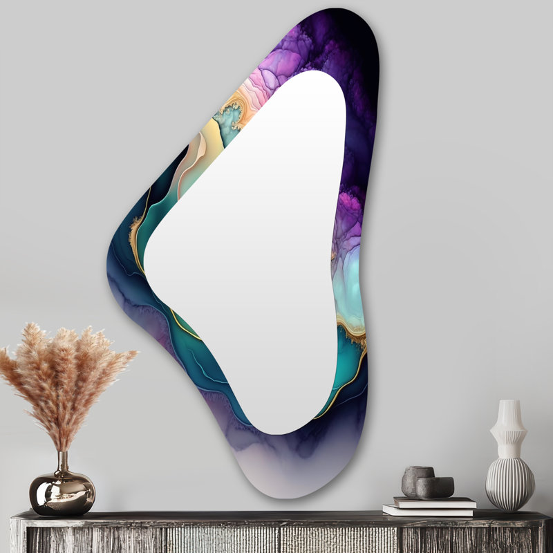 «Suzanna», bleu, mauve abstrait, Geode II - marbre, miroir mural asymétrique unique, miroir de forme unique moderne, impression d'art en métal