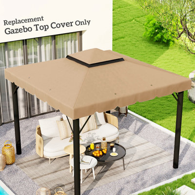 Outdoor Gazebo 9.8' X Canopy Replacement, Khaki Double Vented Top Replacement Canopy, With Patio Living Area