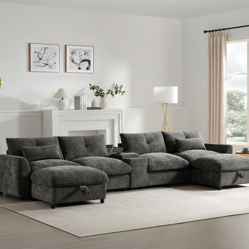 Canapé modulaire de 136 po avec console, porte-gobelet, câblé et sans fil, deux repose-pieds de rangement mobiles, siège de 30 po, conception à tirette, chenille pour la maison fonctionnelle et résidentielle