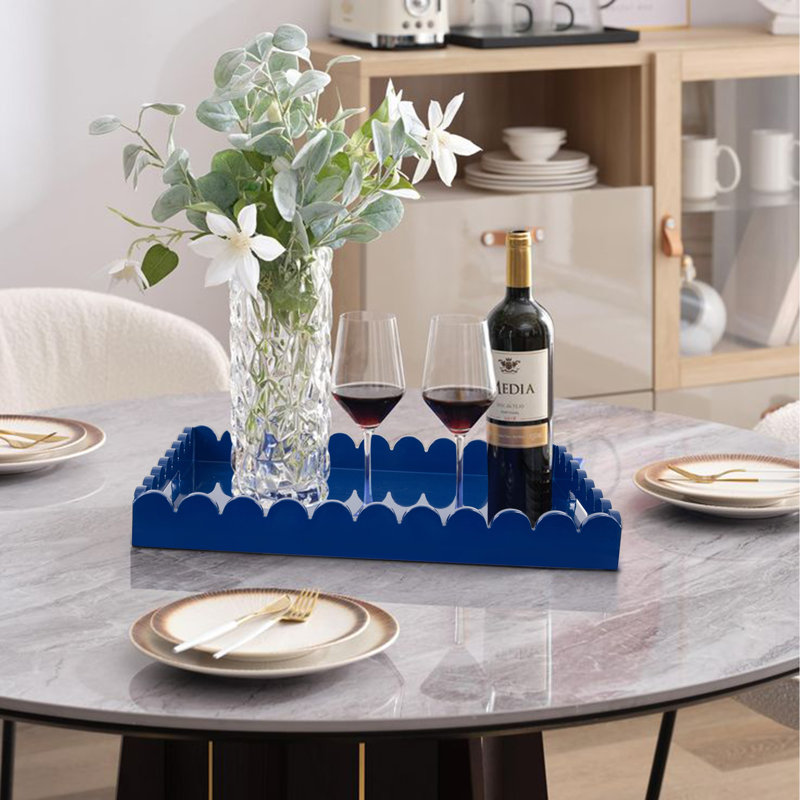 Hindley Hand-Crafted Rectangular Scalloped Wood Tray, Blue