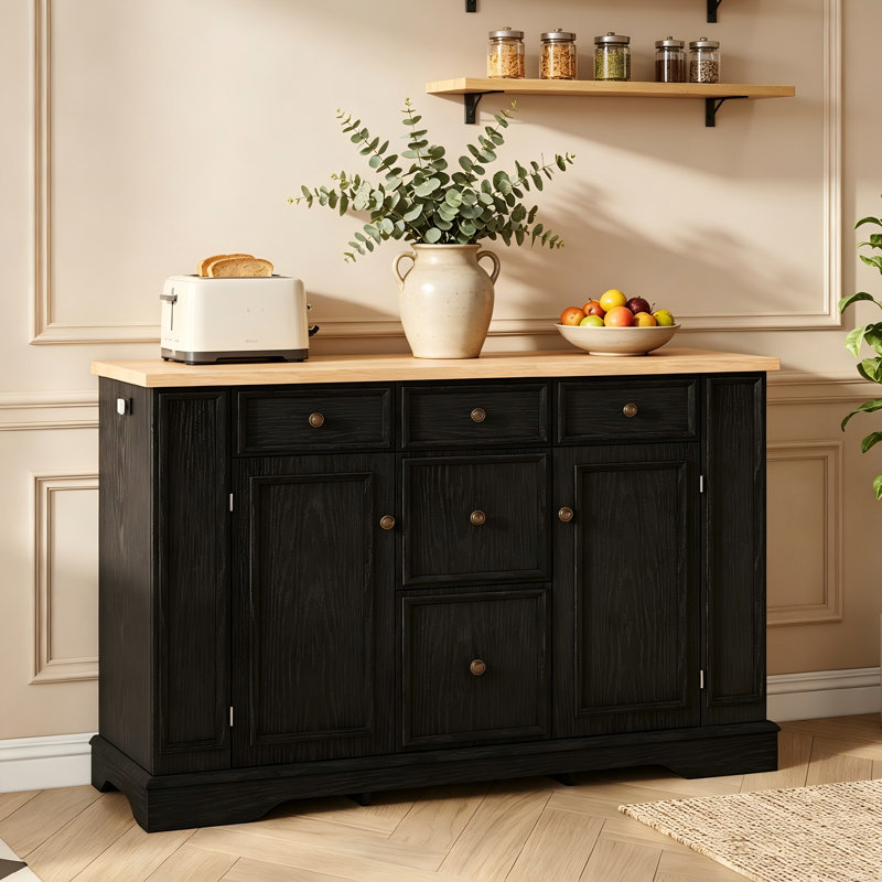Buffet en bois de salle à manger avec 5 tiroirs et tablettes réglables, meuble télé, Noir