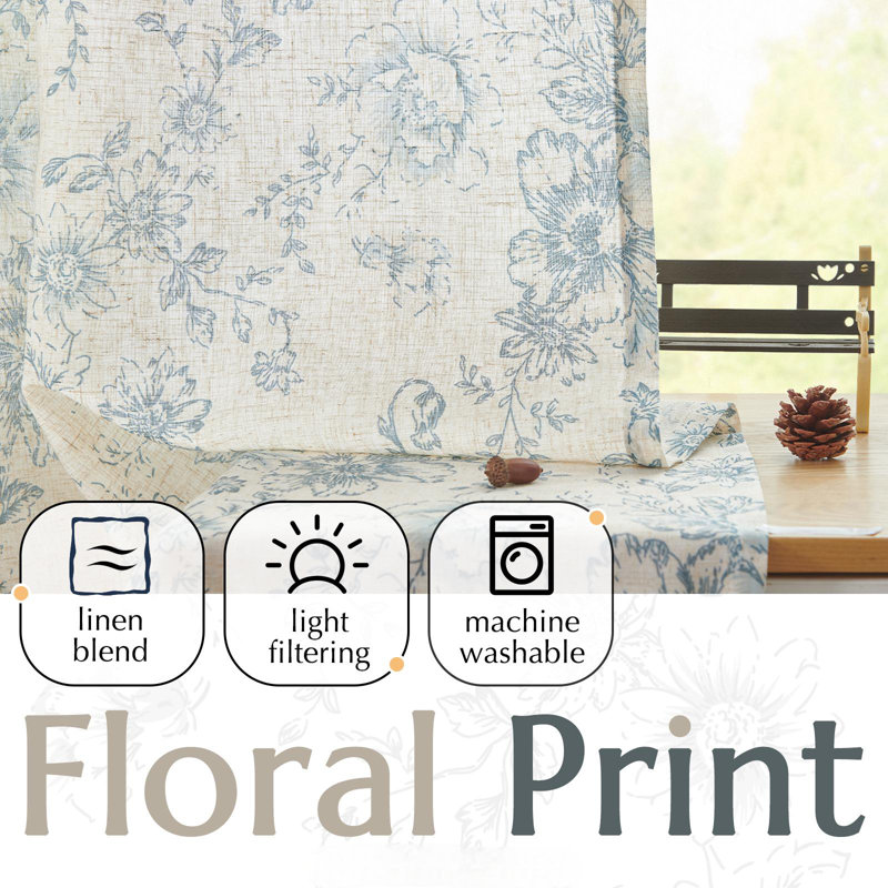 Blue Linen Semi Sheer Rod Pocket Window Panels with Peony Pattern