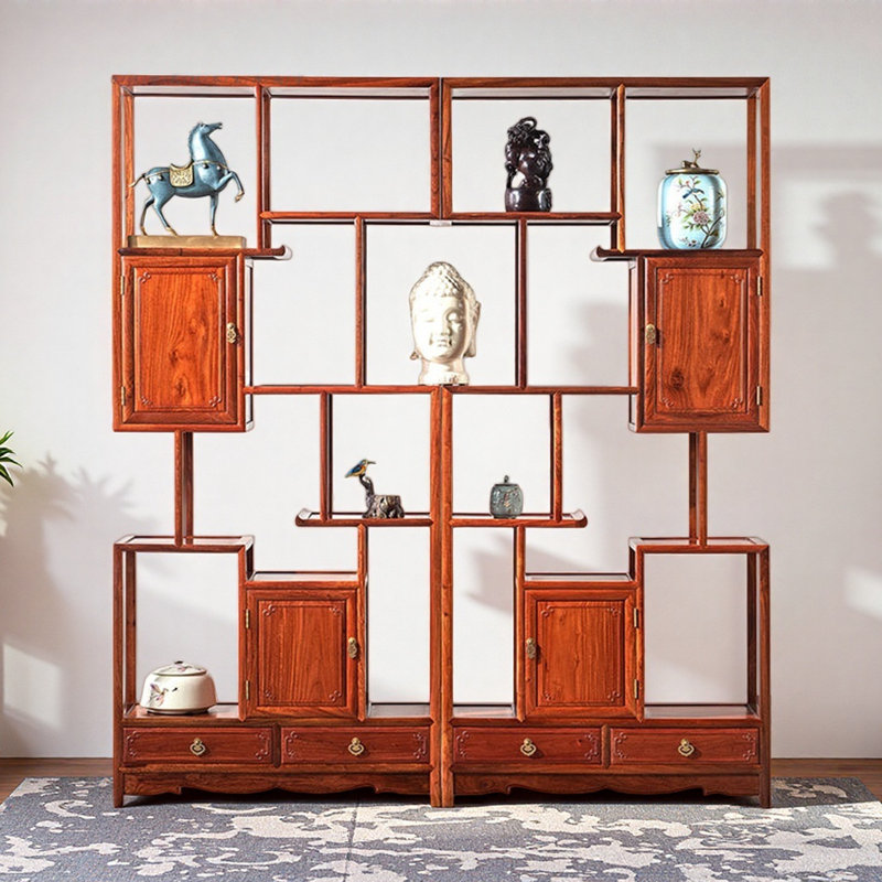 Chinese Classical Style Bookcase, (7 Shelves) 77.6"H x 70.1"W x 12.6"D