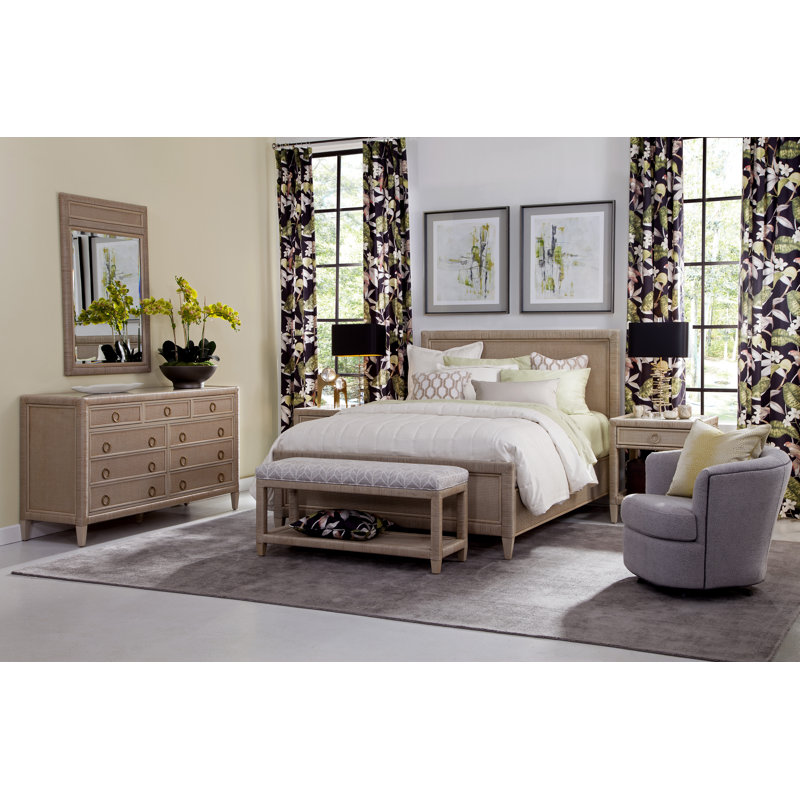 Warwick 9 Drawer Wicker Dresser, Navy, Satin Brass