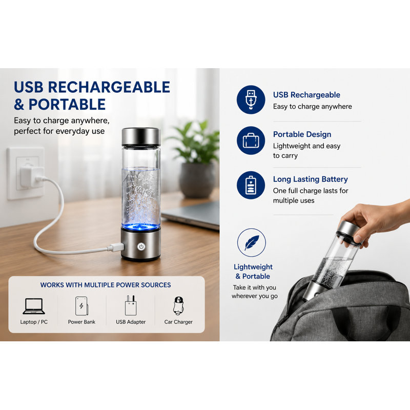 Générateur de bouteilles d’eau à hydrogéno, ioniseur d’eau portable en verre rechargeable de 14,2 oz / 420 ml avec technologie Speed / PEM pour la maison, le bureau, les voyages et la remise en forme