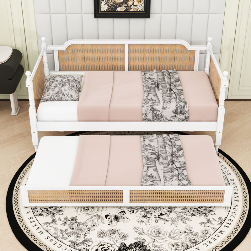 Rattan Wooden Daybed with Twin Trundle, Twin, Antique White