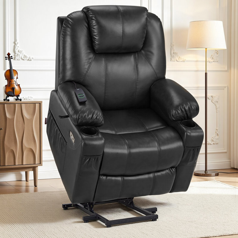 Power Recliner Lift Chair with Vibration Massage and Heat & Extended Footrest, Faux Leather, Black
