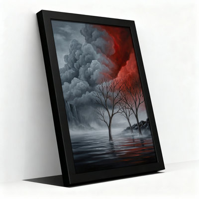 «Bare Trees in Misty Water Under Red Sky», art mural sur toile