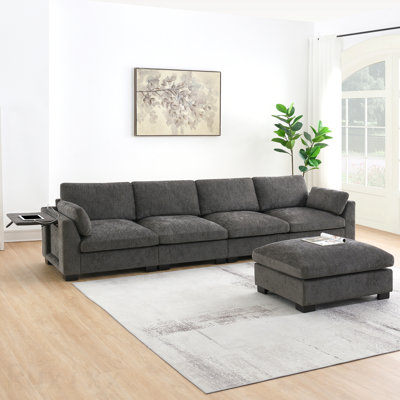 Canapé modulaire modulaire, en forme de L avec table pliante et double port de charge, poches de rangement latérales, 2 coussins d'accoudoirs, repose-pieds à mouvement libre, mousse haute densité, chenille, 5 sièges, 2 couleurs
