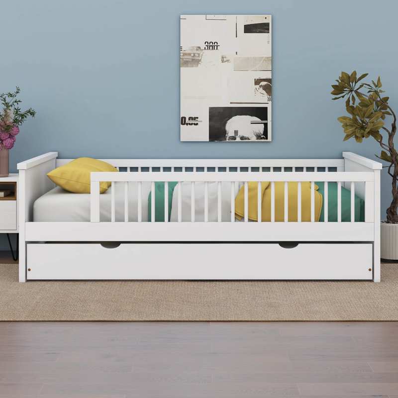 Lit plateforme en bois avec garde-corps et lit gigogne, Blanc