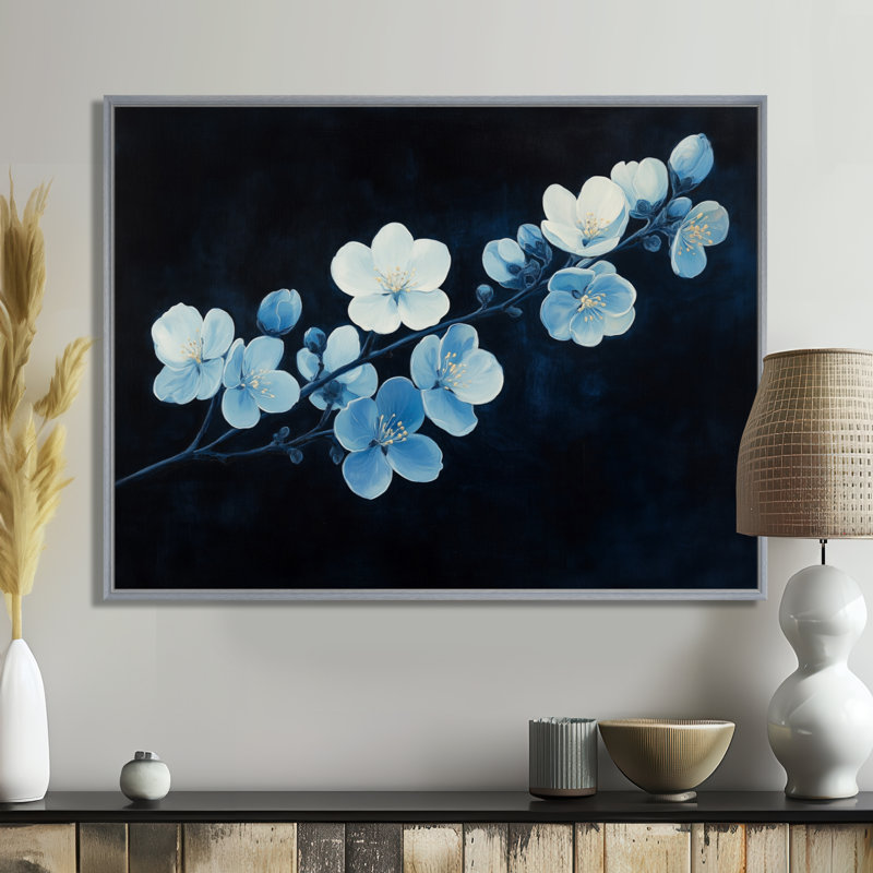 Décoration murale encadrée Fleurs de cerisier - Bleu nuit, H 16 po x l 32 po, Encadrement argenté